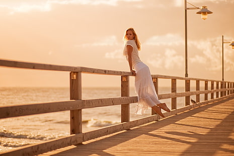 Trid Estet, pier, sea, women outdoors, women, barefoot, model, 500px, HD wallpaper HD wallpaper