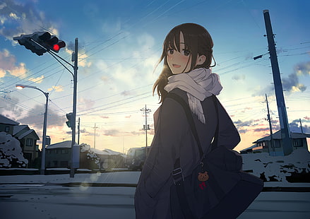 anime, dziewczyny z anime, urban, śnieg, miasto, Tapety HD HD wallpaper