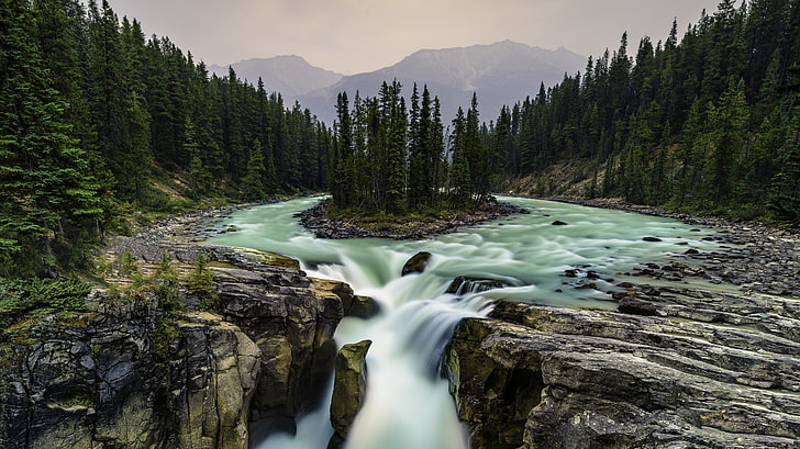 كندا جاسبر الحديقة الوطنية ألبرتا تقع على مناظر طبيعية لنهر صنوابتا الطبيعة خلفيات عالية الدقة للهواتف المحمولة الكمبيوتر اللوحي والكمبيوتر المحمول 5108 × 2873، خلفية HD