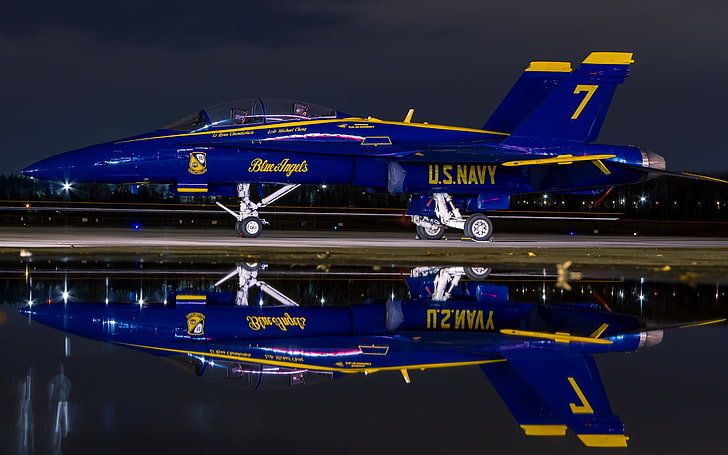 blue and yellow US Navy Blue Angels 7 fighter jet, McDonnell Douglas F/A-18 Hornet, Blue Angels, reflection, airshows, military aircraft, HD wallpaper