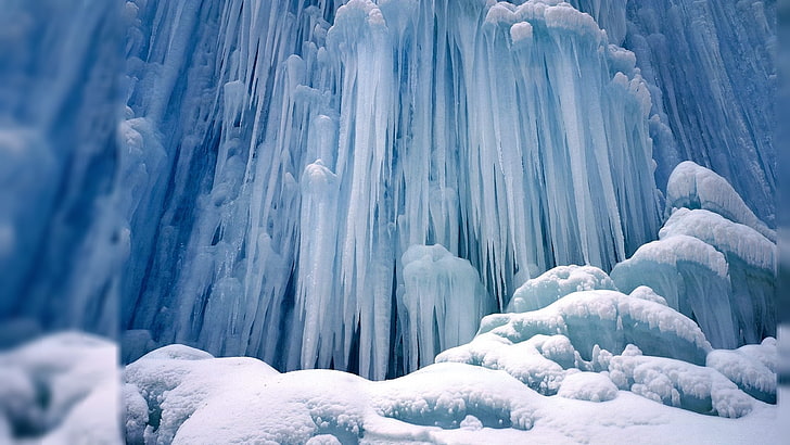 ice, icicles, snow, waterfall, winter, HD wallpaper