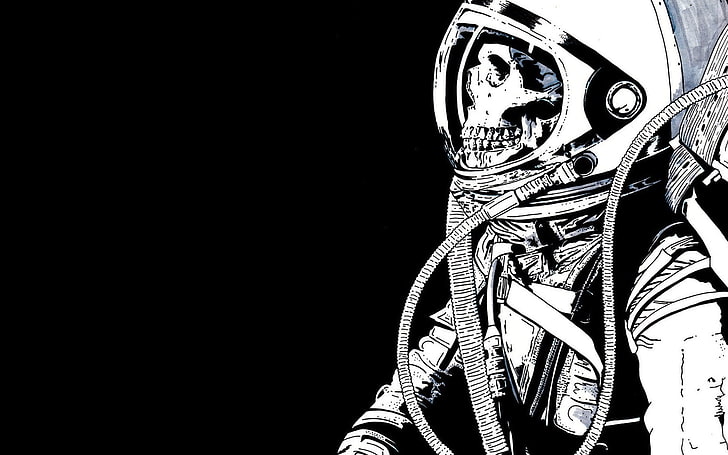 skelett som bär rymddräktillustration, skalle, skelett, astronaut, konstverk, HD tapet