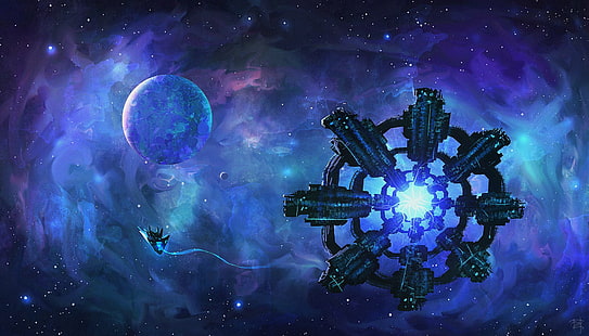 Ciencia ficción, Estación espacial, Azul, Planeta, Espacio, Nave espacial, Estrellas, Fondo de pantalla HD HD wallpaper