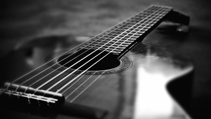 Akustische Gitarre ohne Cutaway, Gitarre, Monochrom, Musik, Musikinstrument, HD-Hintergrundbild