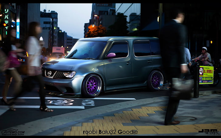 mavi Nissan Cube 5 kapılı hatchback, araba, spor araba, ayarlama, dijital sanat, HD masaüstü duvar kağıdı