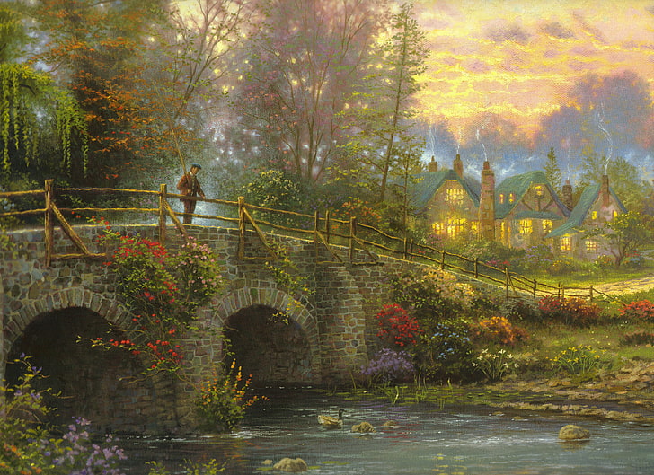 man standing on bridge painting, bridge, river, home, fisherman, the evening, painting, art, Thomas Kinkade, Cobblestone Evening, HD wallpaper