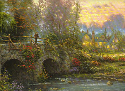 pria yang berdiri di atas jembatan lukisan, jembatan, sungai, rumah, nelayan, malam, lukisan, seni, Thomas Kinkade, Cobblestone Evening, Wallpaper HD HD wallpaper