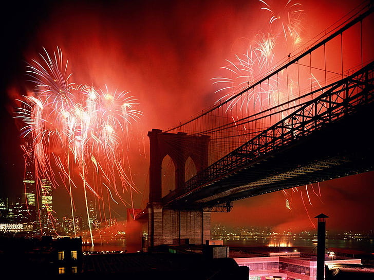 Celebration Brooklyn Bridge, concrete bridge with red fireowrks, bridge, celebration, brooklyn, HD wallpaper