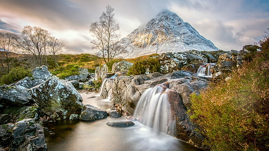 Etive Mor Waterfall Buachaille Etive Sea Known Mountain In Highlands Of Scotland At The End Of Glen Etive 4k Ultra Hd Wallpaper For Desktop 5200×2925, HD wallpaper HD wallpaper