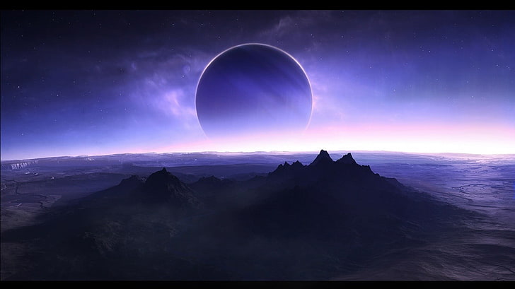 fond d'écran numérique éclipse solaire, science fiction, planète, montagnes, Fond d'écran HD
