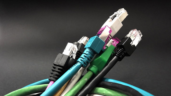 cables, cable de red, RJ45, azul, verde, negro, Fondo de pantalla HD