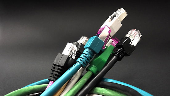 fios, cabo de rede, RJ45, azul, verde, preto, HD papel de parede HD wallpaper