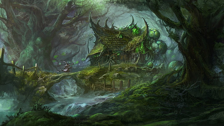 house covered in moss digital wallpaper, forest, magic, fantasy art, artwork, HD wallpaper