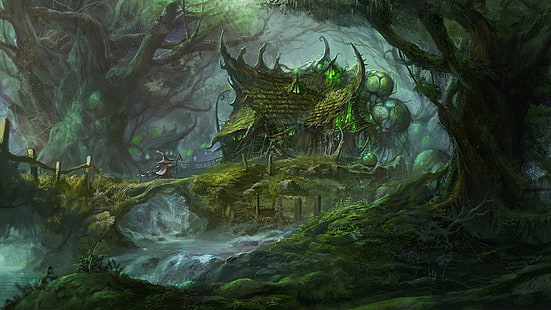 house covered in moss digital wallpaper, forest, magic, fantasy art, artwork, HD wallpaper HD wallpaper