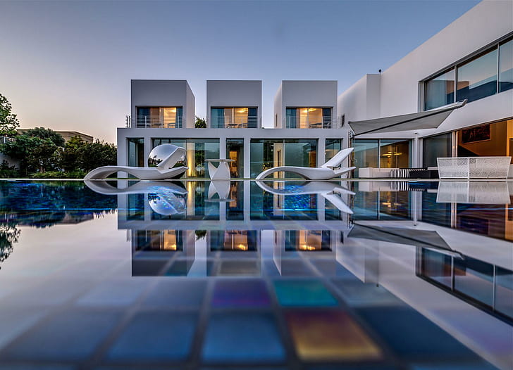 Luxuriöse moderne Villa mit Pool, Insel, Reflexion, Schwimmen, tropisch, luxuriös, Flucht, Wasser, zeitgenössisch, Haus, Villa, modern, Villa, HD-Hintergrundbild