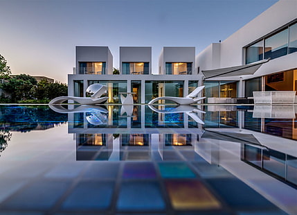 Луксозно модерно имение с басейн, остров, отражение, плуване, тропически, луксозен, бягство, вода, съвременно, къща, имение, модерна, вила, HD тапет HD wallpaper