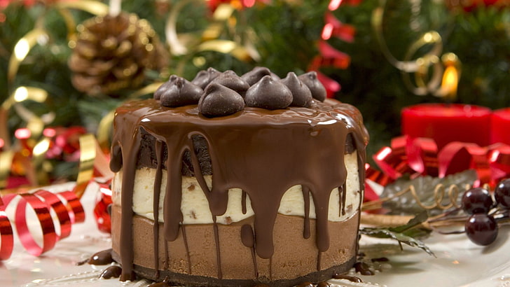 チョコレートケーキ、食品、チョコレート、デザート、ケーキ、リボン、 HDデスクトップの壁紙