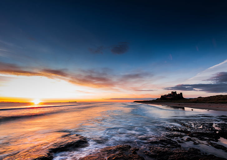 ปราสาทแบมเบิร์กปราสาทอังกฤษธรรมชาติทะเลท้องฟ้าแสงแดดพระอาทิตย์ขึ้น, วอลล์เปเปอร์ HD