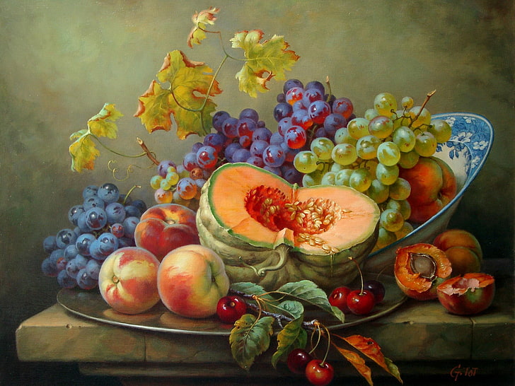 assorted fruits and vegetables painting, cherry, grapes, pumpkin, still life, painting, peaches, Gabor Toth, HD wallpaper