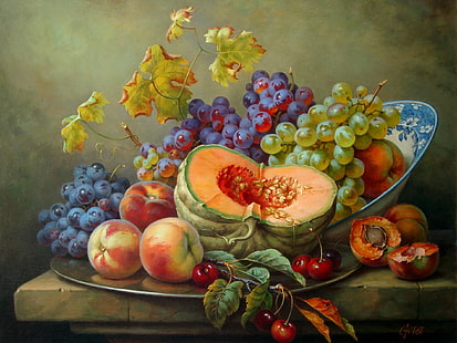 pittura assortita di frutta e verdura, ciliegia, uva, zucca, natura morta, pittura, pesche, Gabor Toth, Sfondo HD HD wallpaper
