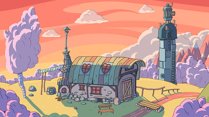 ilustrasi bangunan dan hutan, Adventure Time, landscape, Wallpaper HD
