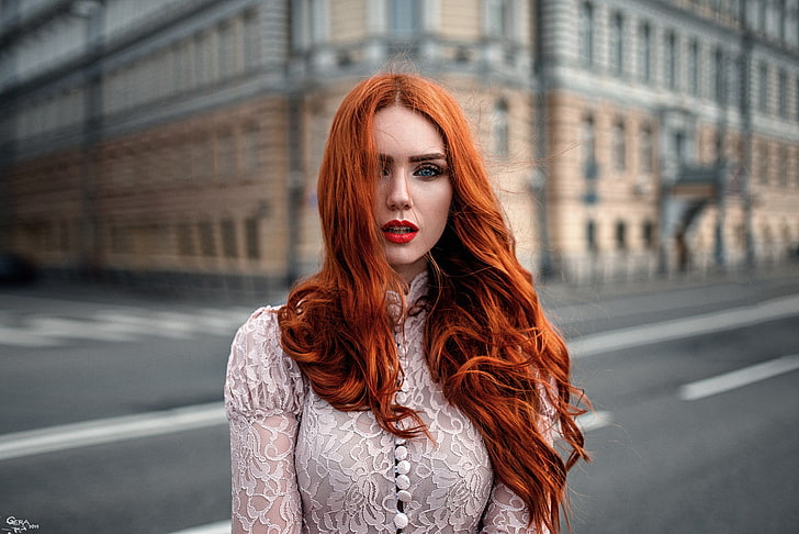 women's gray long-sleeved top, women, redhead, face, portrait, city, model, blue eyes, long hair, wavy hair, Georgy Chernyadyev, women outdoors, HD wallpaper