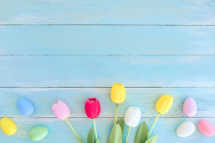 flowers, eggs, spring, colorful, Easter, tulips, wood, decoration, Happy, tender, HD wallpaper