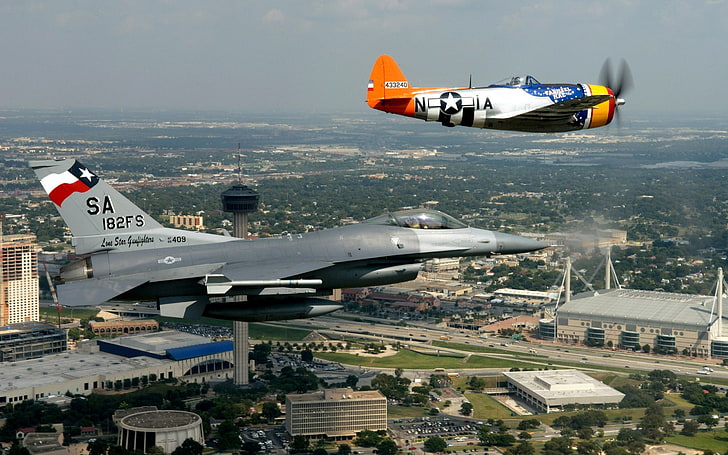 серый и черный истребитель, реактивный истребитель, военный самолет, военный, самолет, General Dynamics F-16 Fighting Falcon, P-47 Thunderbolt, HD обои
