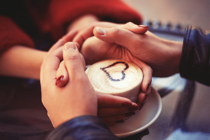 white ceramic cup, holding hands, coffee, couple, HD wallpaper