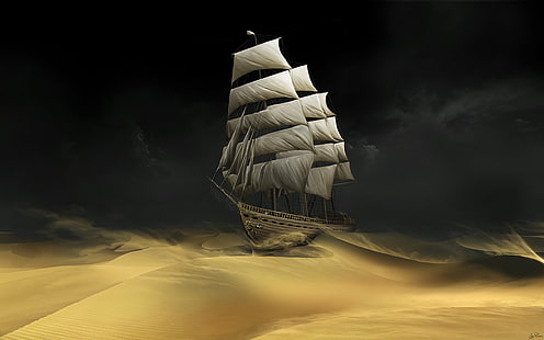 white sailboat illustration, ship, desert, sand, Tintin, sailing ship, movies, artwork, fantasy art, HD wallpaper HD wallpaper