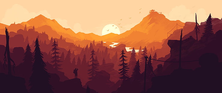 ilustração montanha marrom, videogame, firewatch, pôr do sol, HD papel de parede HD wallpaper