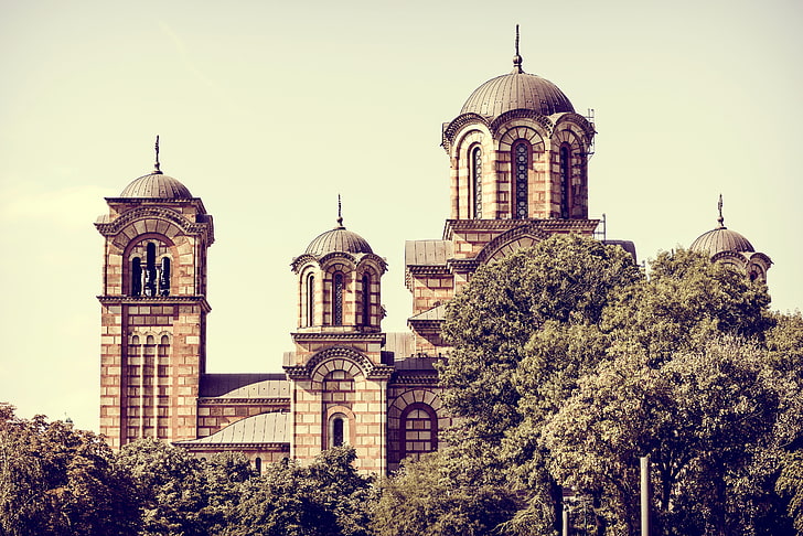 коричневое бетонное здание, сербия, церковь, архитектура, HD обои