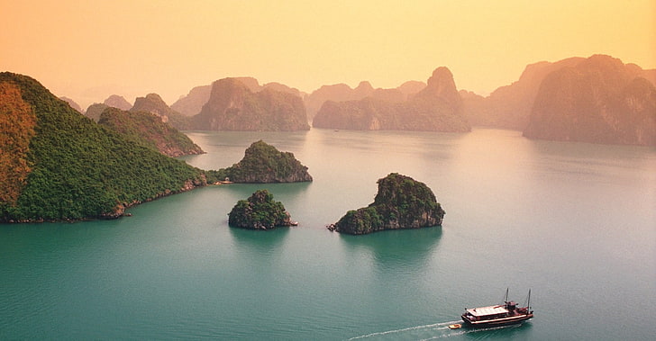 Vietnam, beach, mist, tropical, rock, limestone, island, Halong Bay, cliff, water, sea, landscape, boat, nature, HD wallpaper
