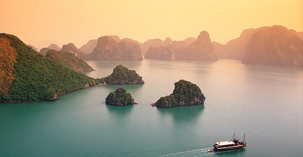 Vietnam, beach, mist, tropical, rock, limestone, island, Halong Bay, cliff, water, sea, landscape, boat, nature, HD wallpaper HD wallpaper