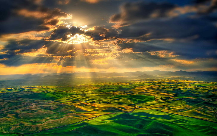 green and brown abstract painting, photography, nature, sun rays, clouds, mountains, far view, hills, ground, field, HD wallpaper