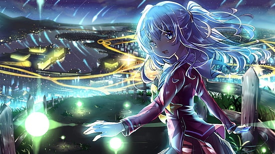 иллюстрация персонажа женского аниме, аниме, шарлотта, голубые глаза, шарлотка (аниме), нао томори, школьная форма, белые волосы, HD обои HD wallpaper