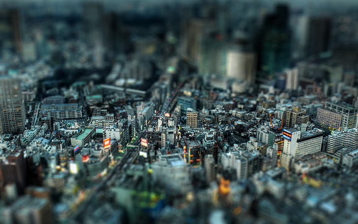 photographie aérienne de bâtiments en béton, mise au point peu profonde, photo de la ligne d'horizon de la ville, tilt shift, paysage urbain, photographie, ville, Japon, Tokyo, Fond d'écran HD