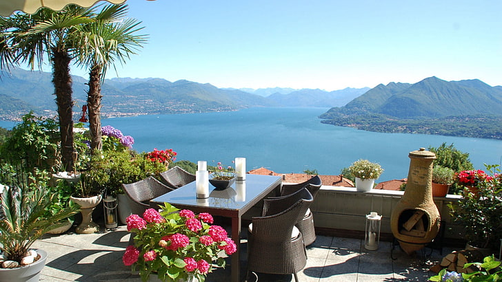 brown chimenea, lake, mountain, balcony, view, mood, pleasure, relaxation, italy, stresa, maggiore, HD wallpaper