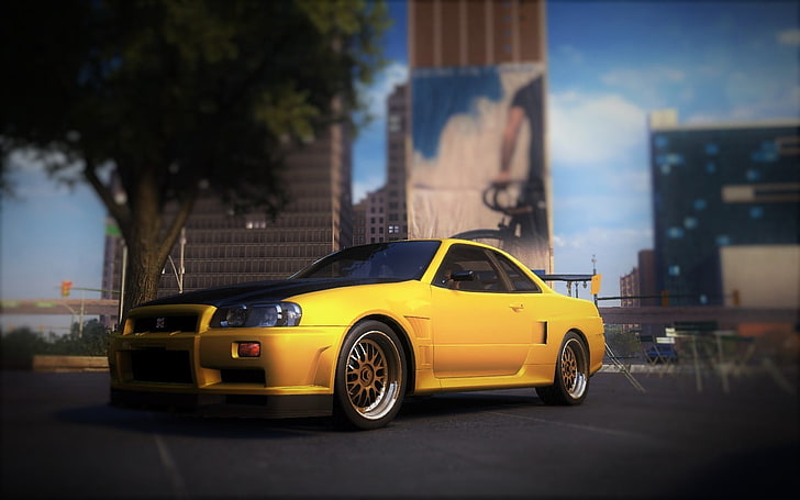 kuning dan hitam Nissan GT-R coupe, fotografi fokus selektif ilustrasi mobil sport kuning, Nissan Skyline GT-R R34, Kru, kota, video game, tilt shift, mobil, Wallpaper HD