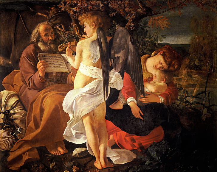 Engel, Bild, Caravaggio, Mythologie, Rast auf der Flucht nach Ägypten, Michelangelo Merisi da Caravaggio, HD-Hintergrundbild