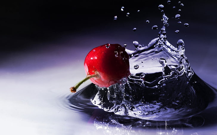 red Cherry, cherry, spray, splash, water, berry, HD wallpaper