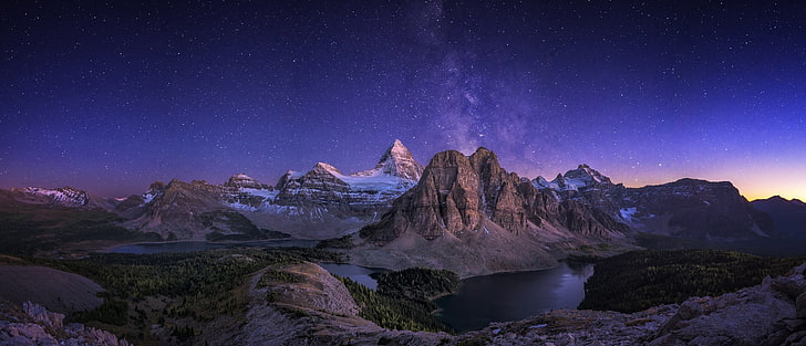 Berg digitale Tapeten, Natur, Landschaft, Panoramen, Kanada, Berge, See, Sternennacht, Wald, Milchstraße, Langzeitbelichtung, HD-Hintergrundbild