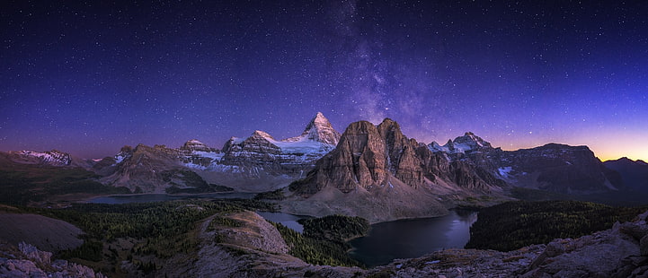 планински дигитален тапет, природа, пейзаж, панорами, Канада, планини, езеро, звездна нощ, гора, Млечен път, продължителна експозиция, HD тапет HD wallpaper