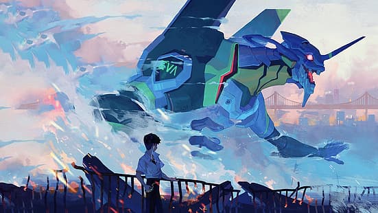 Neon Genesis Evangelion, Ikari Shinji, EVA Unit 01, nuvole, distruzione, anime, anime boys, Sfondo HD HD wallpaper