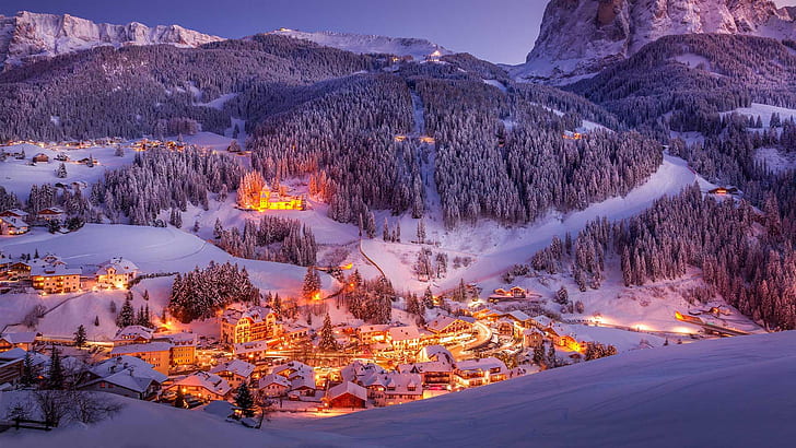 winter, snow, mountains, lights, valley, Italy, The Dolomites, Val Gardena, HD wallpaper