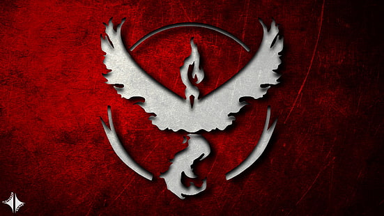 логотип бело-красной птицы, Pokemon Go, Team Valor, покемон, красный, HD обои HD wallpaper