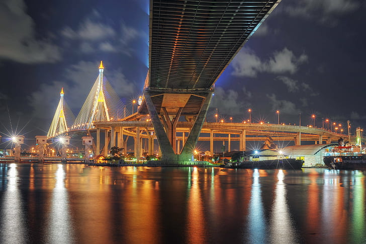 建築橋の写真、バンコク、バンコク、プミポン橋、バンコク、建築、写真、メガ橋、橋、タイ、ラマ3世、産業環状道路橋、IRR、カラフル、アーチ、ショット、夜、建築、川、都市景観、有名な場所、橋-人工構造、アジア、交通、都市のシーン、 HDデスクトップの壁紙