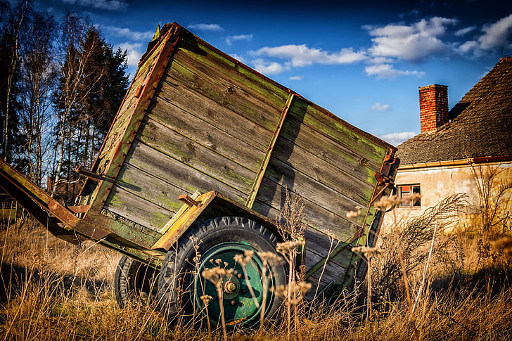 abandoned, agriculture, barn, broken, cabin, cart, country, countryside, cropland, decay, drive, fall, farm, farmhouse, field, grass, idyllic, landscape, nature, old, run down, rural, rustic, trailer, transport, vintage, HD wallpaper