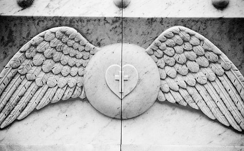 Divided, round gray concrete ornament with wings, Black and White, City, White, Black, California, Sculpture, cemetery, Sacramento, HD wallpaper HD wallpaper