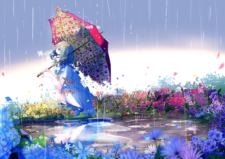 chica anime, lloviendo, máscara de gas, flores, paraguas, Anime, Fondo de pantalla HD